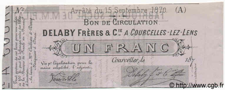 1 Franc Non émis FRANCE régionalisme et divers Courcelles-les-Lens 1870 BPM.089.13 NEUF