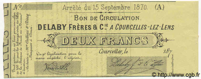 2 Francs Non émis FRANCE regionalism and various Courcelles-les-Lens 1870 BPM.089.13 UNC