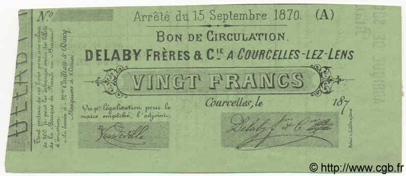 20 Francs Non émis FRANCE Regionalismus und verschiedenen Courcelles-les-Lens 1870 BPM.089.13 ST