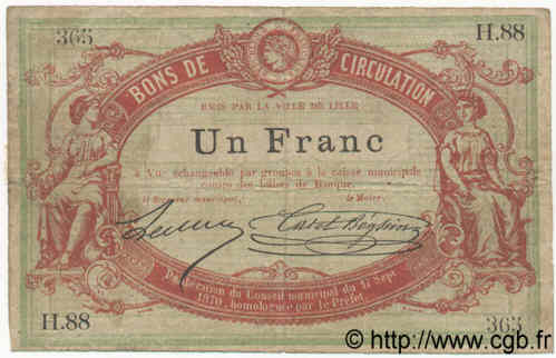 1 Franc FRANCE regionalism and various Lille 1870 BPM.069.38 F