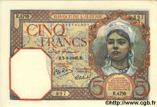 5 Francs ARGELIA  1940 P.077a FDC