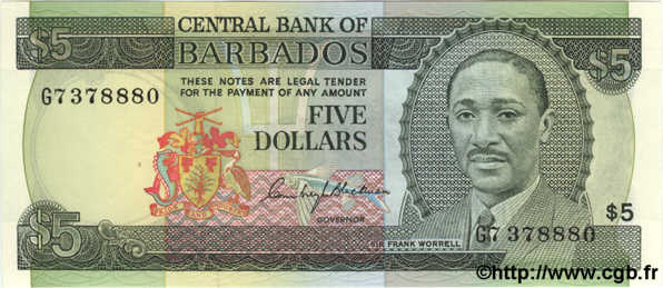 5 Dollars BARBADOS  1975 P.35a UNC