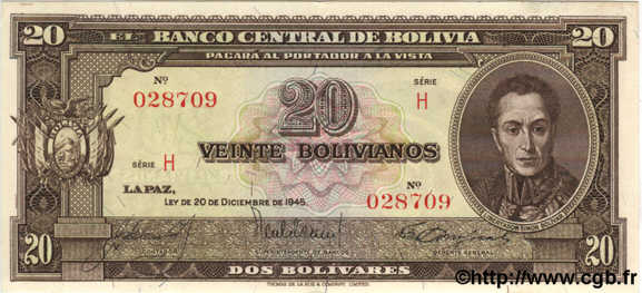 20 Bolivianos BOLIVIEN  1945 P.140 ST