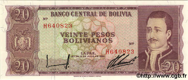 20 Pesos Bolivianos BOLIVIA  1962 P.155a FDC