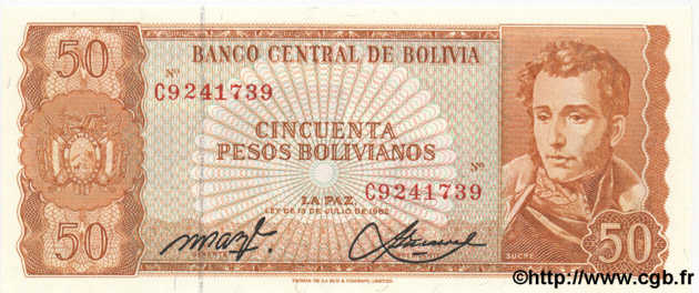 50 Pesos Bolivianos BOLIVIEN  1962 P.162 ST