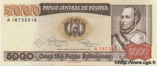 5000 Pesos Bolivianos BOLIVIA  1984 P.168a UNC-