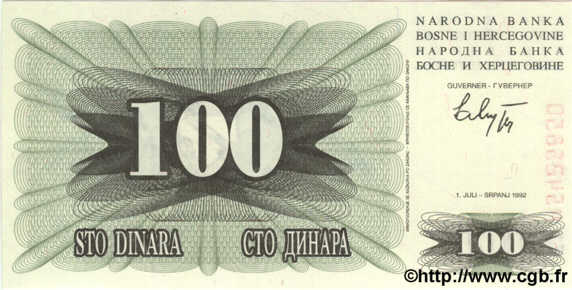 100 Dinara BOSNIA HERZEGOVINA  1992 P.13a UNC