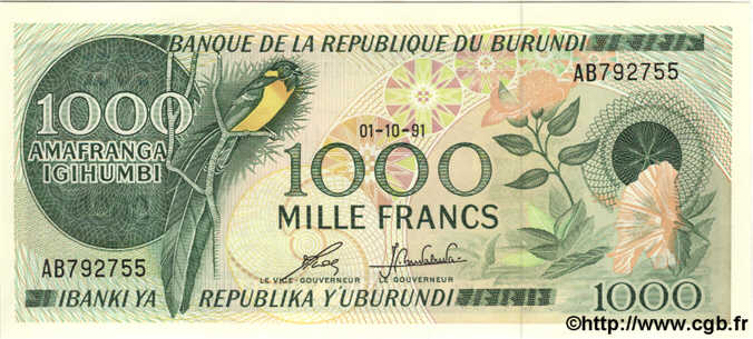 1000 Francs BURUNDI  1991 P.31d ST