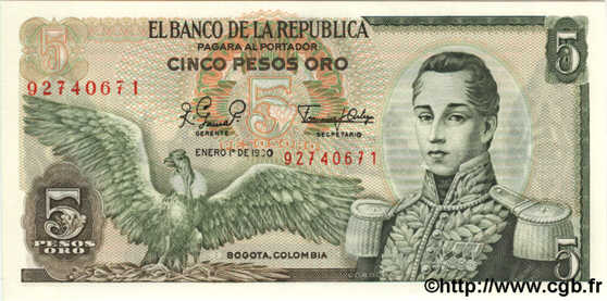 5 Pesos Oro COLOMBIA  1980 P.406f FDC