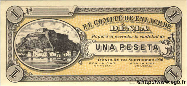 1 Peseta SPANIEN Denia 1936 P.- ST