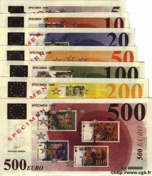 Série Euros : 5 10 20 50 100 200 500 Spécimen EUROPA  1998  FDC