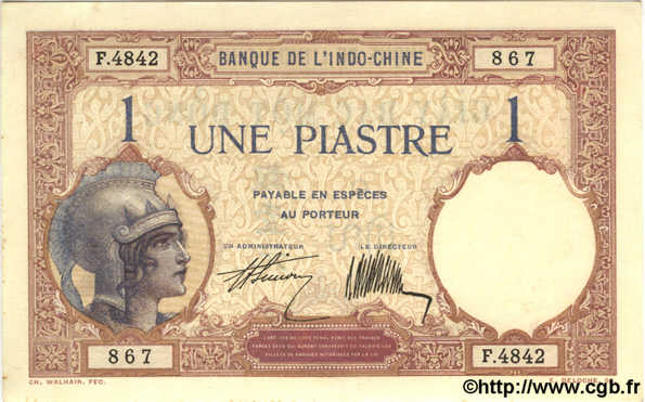1 Piastre INDOCINA FRANCESE  1927 P.048b q.FDC