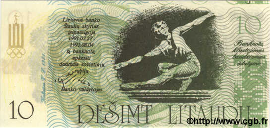 10 Litauru LITHUANIA  1991 P.- UNC