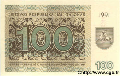 100 Talonu LITHUANIA  1991 P.38b UNC
