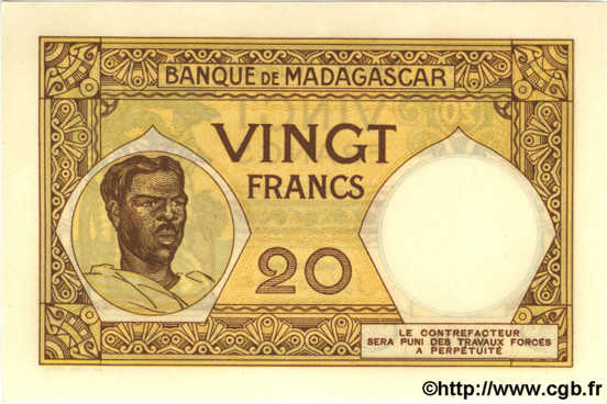 20 Francs MADAGASCAR  1948 P.037 FDC