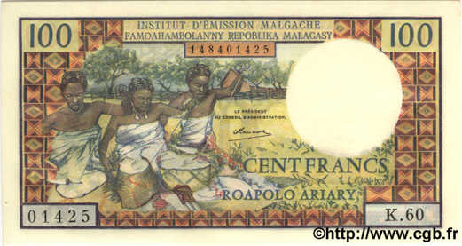 100 Francs - 20 Ariary MADAGASKAR  1966 P.057 ST