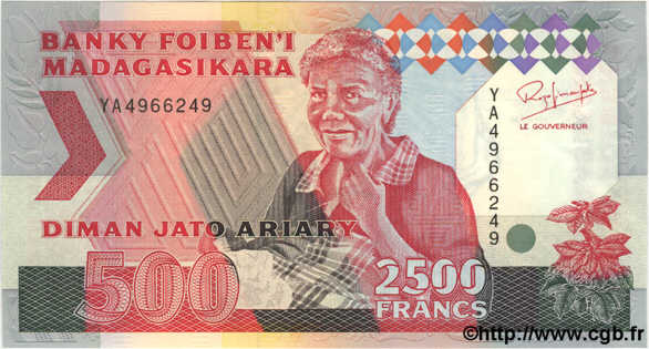 2500 Francs - 500 Ariary MADAGASCAR  1993 P.077 FDC