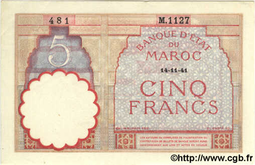 5 Francs MOROCCO  1941 P.23Ab AU