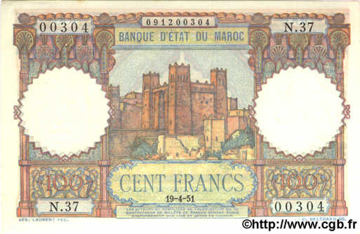 100 Francs MAROCCO  1951 P.45 AU