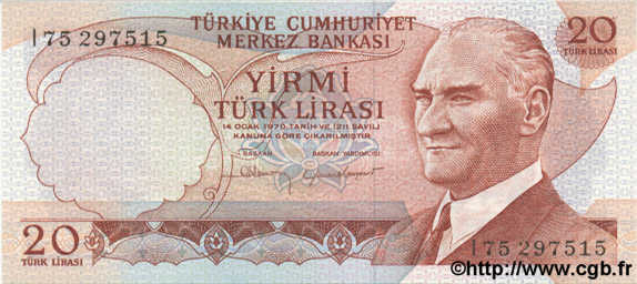 20 Lira TURKEY  1970 P.187b UNC