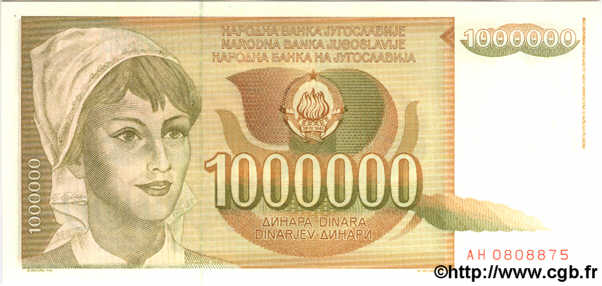 1000000 Dinara YUGOSLAVIA  1989 P.099 UNC