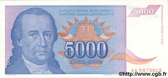 5000 Dinara YUGOSLAVIA  1994 P.141 UNC