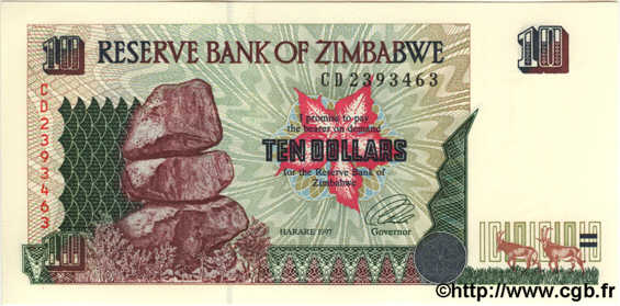 10 Dollars ZIMBABWE  1997 P.06 UNC