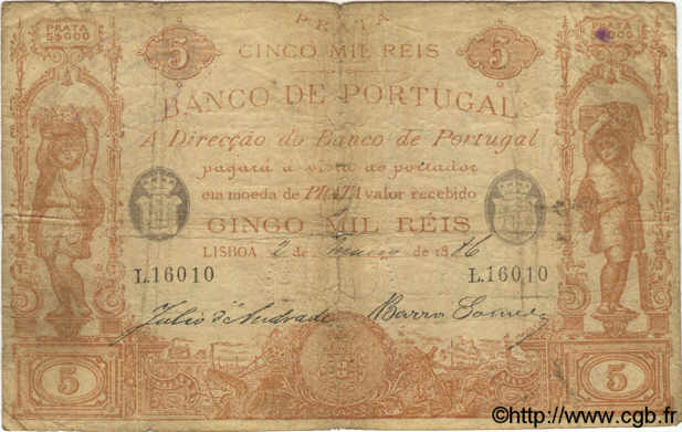5000 Reis PORTOGALLO  1886 P.060 q.MB