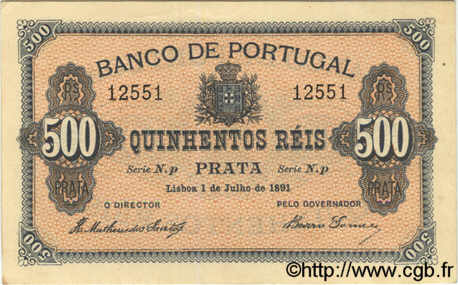 500 Reis PORTUGAL  1891 P.065 fST