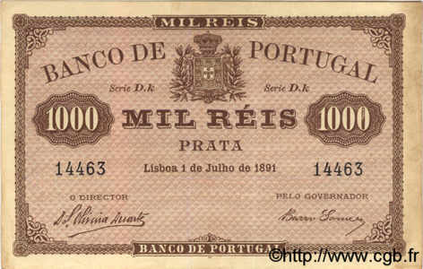 1000 Reis PORTUGAL  1891 P.066 fVZ to VZ