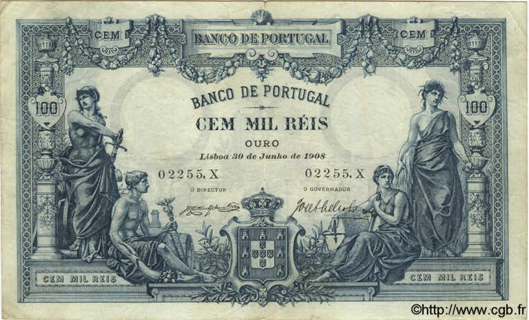 100000 Reis PORTOGALLO  1908 P.078 BB