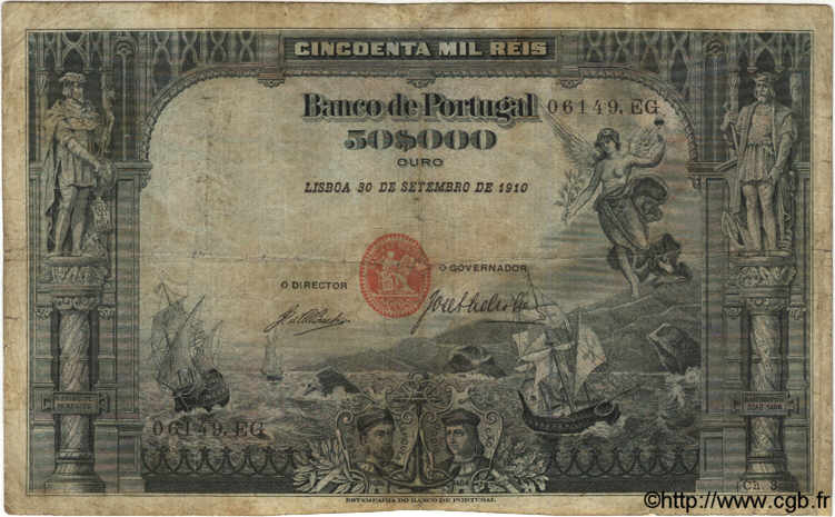 50000 Reis PORTOGALLO  1910 P.085 q.MB