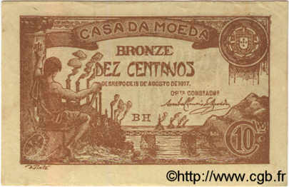 10 Centavos PORTUGAL  1917 P.096 VF