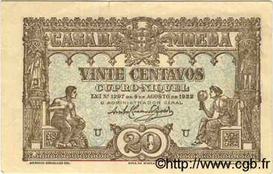 20 Centavos PORTOGALLO  1922 P.100 q.SPL