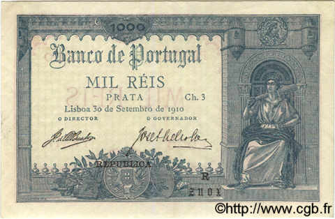 1000 Reis PORTUGAL  1910 P.106 fST