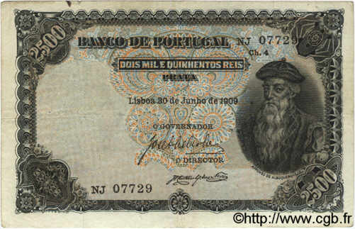2500 Reis PORTOGALLO  1909 P.107 q.BB
