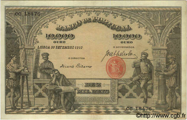 10000 Reis PORTUGAL  1910 P.108a VF