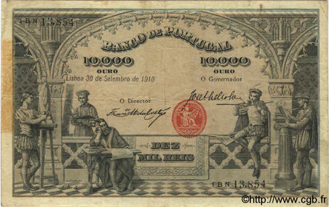 10000 Reis PORTUGAL  1910 P.108a var. BC