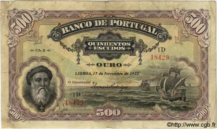 500 Escudos PORTOGALLO  1922 P.130 q.MB