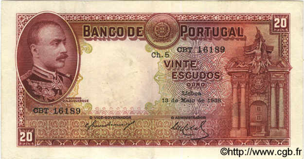 20 Escudos PORTUGAL  1938 P.143 MBC