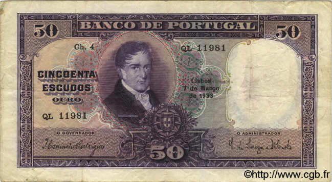 50 Escudos PORTUGAL  1933 P.144 BC+