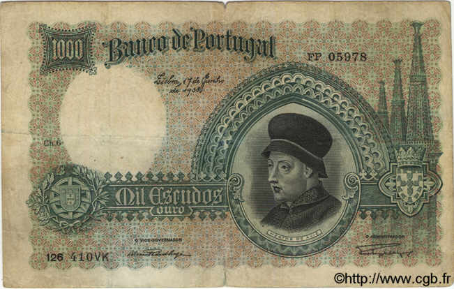 1000 Escudos PORTOGALLO  1938 P.152 q.MB