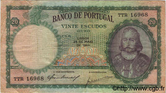 20 Escudos PORTUGAL  1954 P.153a VF