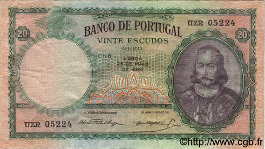 20 Escudos PORTUGAL  1954 P.153a MBC