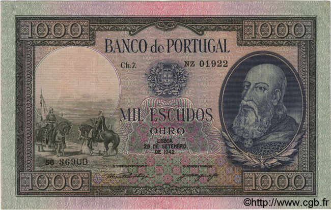 1000 Escudos PORTUGAL  1942 P.156 MBC+