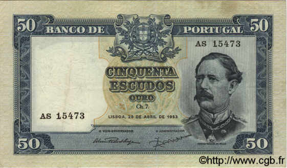 50 Escudos PORTUGAL  1953 P.160 MBC