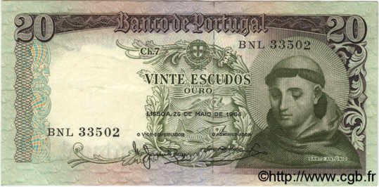 20 Escudos PORTUGAL  1964 P.167 MBC+ a EBC