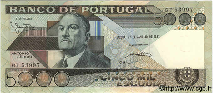 5000 Escudos PORTUGAL  1981 P.182b SC+