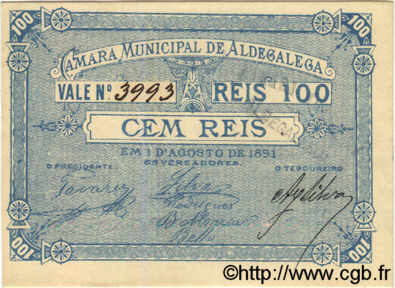 100 Reis PORTUGAL Aldegalega 1891  SC+