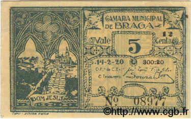 5 Centavos PORTOGALLO Braga 1920  AU
